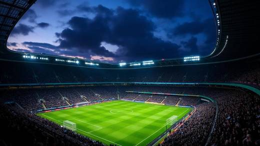 Flodljusbelyst Premier League-arena fylld av supportrar före avspark