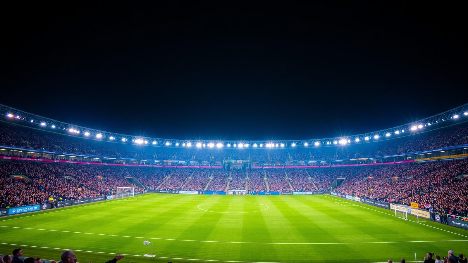 Italiensk fotbollsarena i kvällsmörker under blå strålkastare